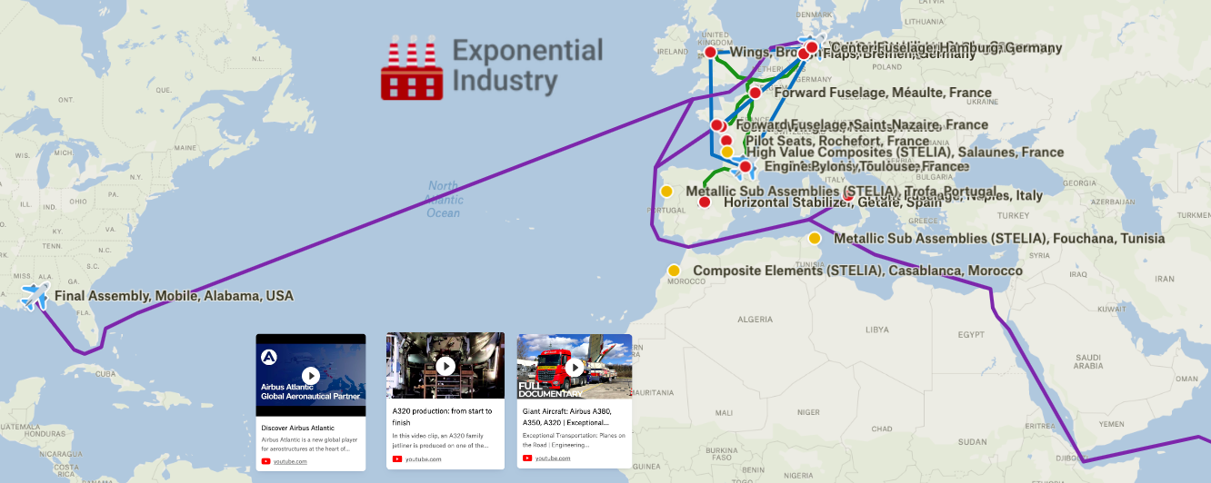 An interactive map of the Airbus A320, A321, A319 supply chain. Including factories and logistic routes.